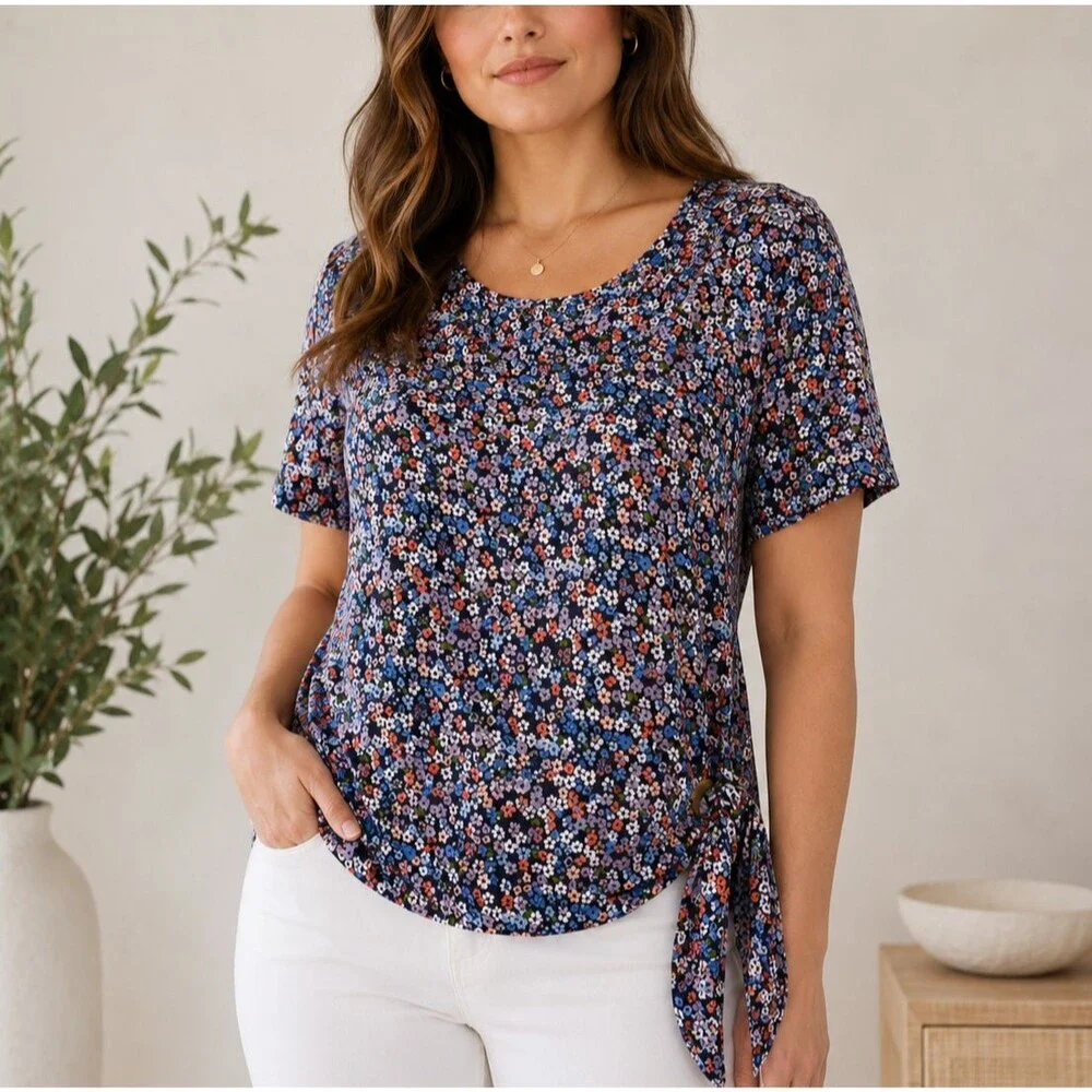 Michael Kors Navy Floral Side Tie Top Cotton Modal Plus Size 2X